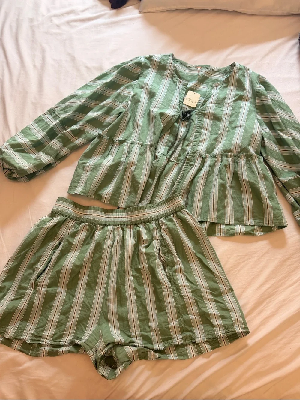 Free People Green Striped Women's Shorts Set (L shorts M top) - Picture 1 of 4